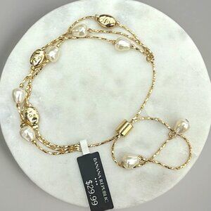 Banana Republic Gold Adjustable Bracelet with Faux Pearls and Hammered Beads NWT